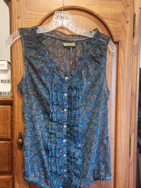 Sleeveless Teal Paisley Ruffle Button-Front Blouse